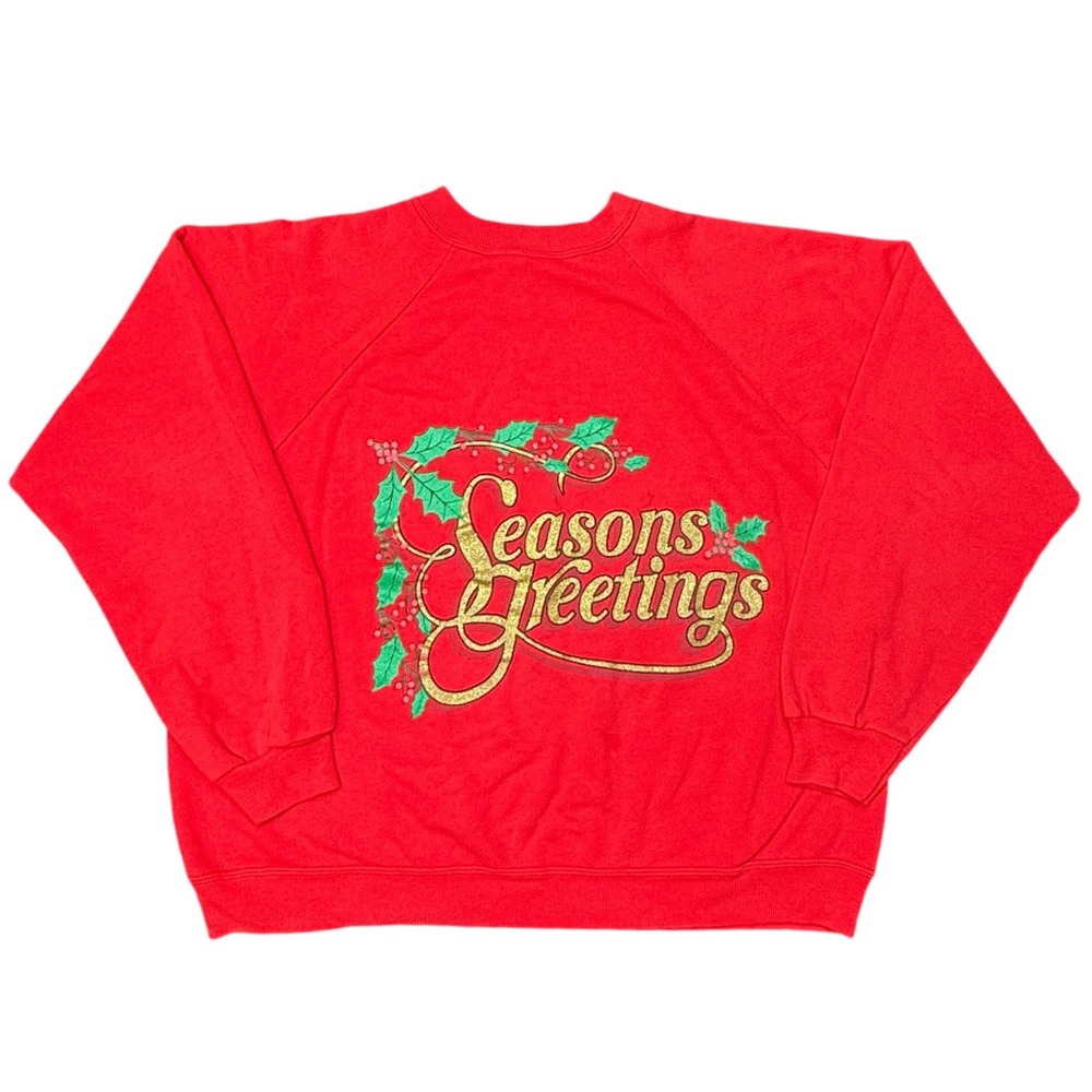 Vintage Hanes Seasons Greetings Red Graphic Sweatshirt XL USA‎ Made